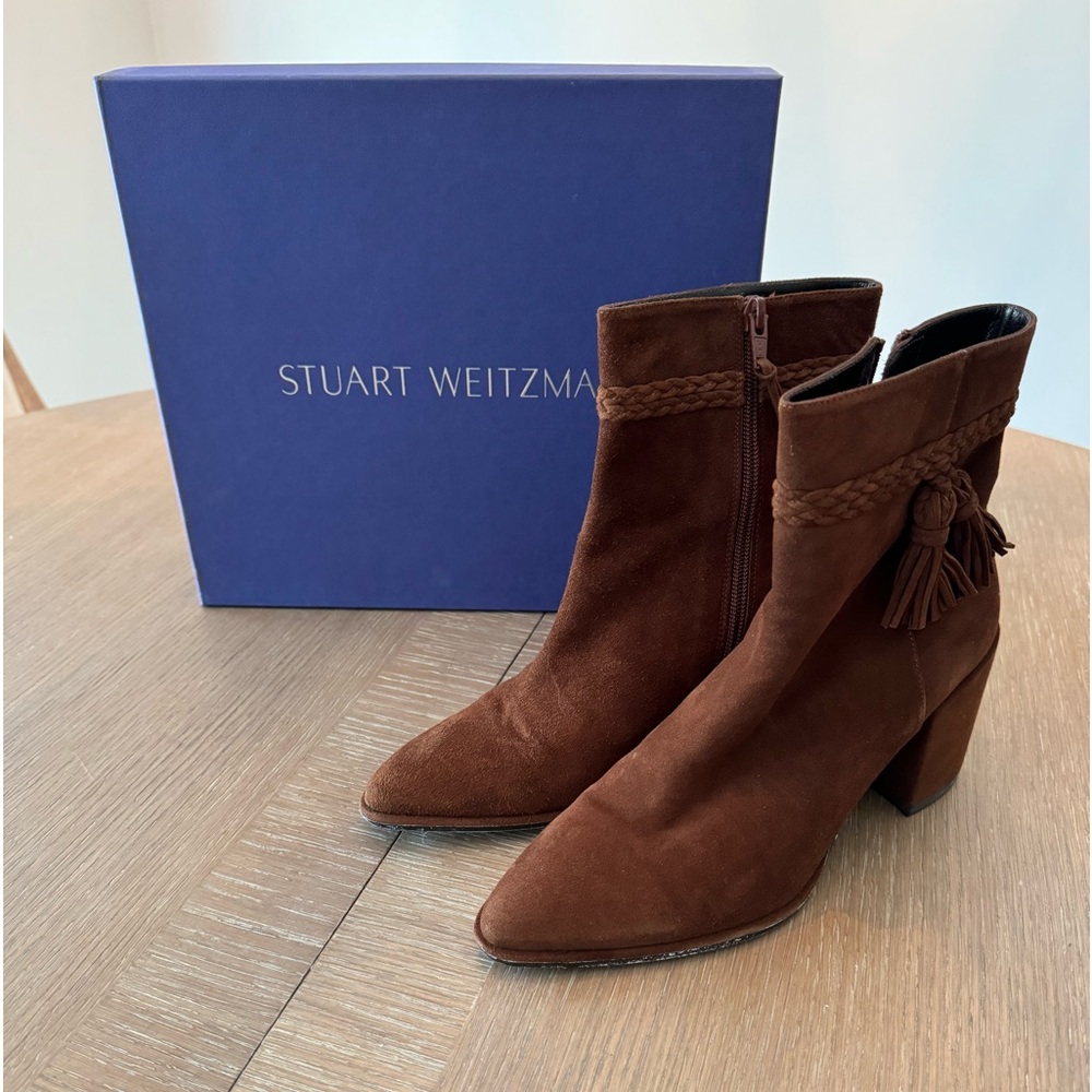 Stuart Weitzman Tazxie Block Heel Boots Walnut Brown Suede Sz 7M - Picture 2 of 15